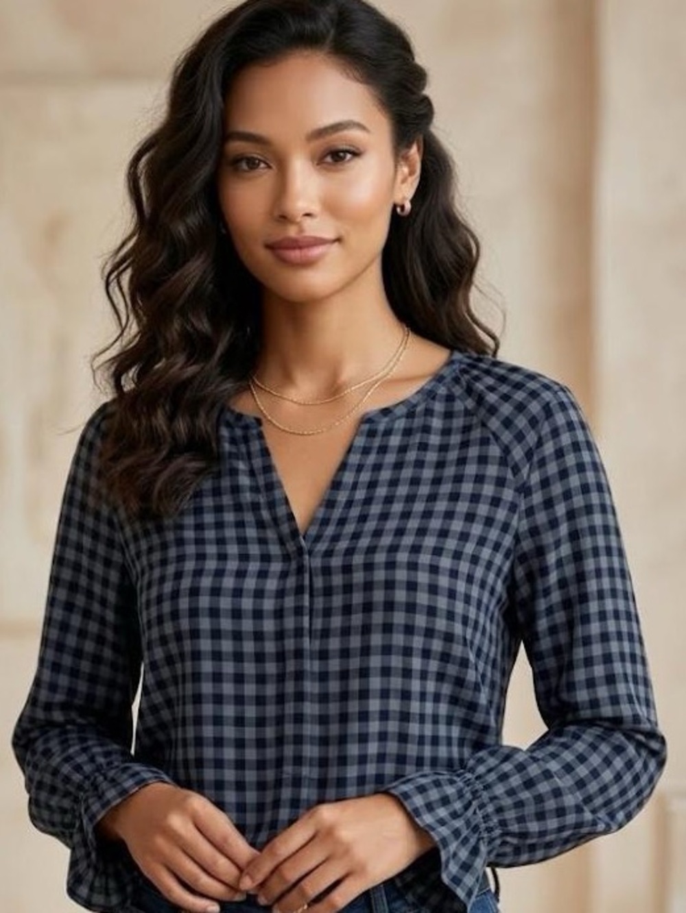 Talbots Gingham Popover Blouse Sz S Tie Cuff Split Neck Blue Black